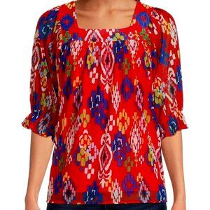 Calessa Mesh Knit Printed Square Neck Elbow Sleeve Tunic - S